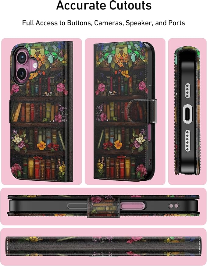 DEENAKIN for iPhone 16 Wallet Case with Card Holder + Cash Clip, RFID-Blocking, Military-Grade Drop Protection, Magnetic Closure with Leather Kickstand - Bookshelf Flowers