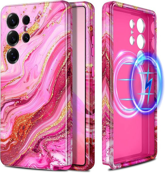 Casetego for Galaxy S25 Ultra Case,Compatible with MagSafe,[Military Grade Drop Test] Full Body Protection Slim Shockproof Rugged Marble Women Case for Samsung Galaxy S25 Ultra 6.9 inch,Red
