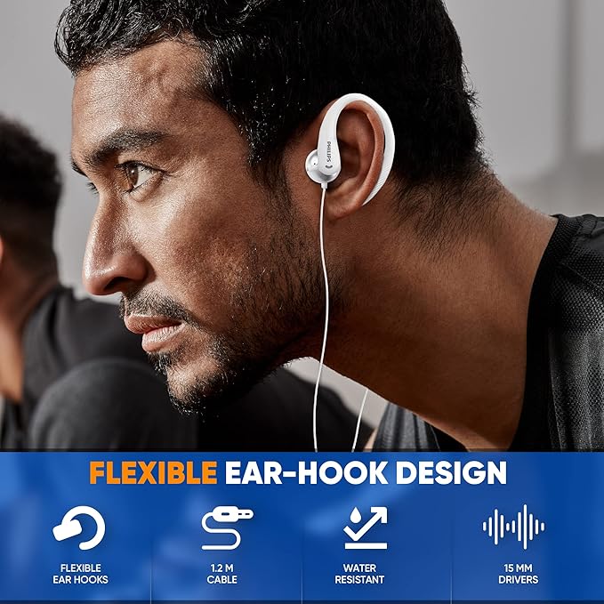 PHILIPS Over The Ear Earbuds, Flexible Wrap Around Earbuds, Around Ear Headphones with Mic Behind The Ear Headphones, Perfect for Sports, Running, Exercise, Gym (White)