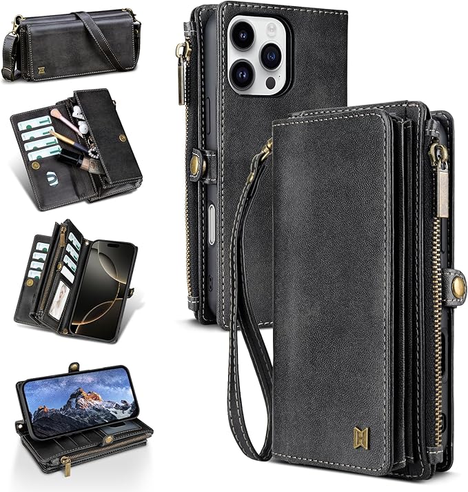 for iPhone 16 Pro Wallet Phone Case with 7 Card Holder,RFID Blocking | PU Leather | Kickstand | Flip | Wrist Strap&Shoulder Strap | Shockproof | Zipper Wallet | Women Men | 6.3" | Black
