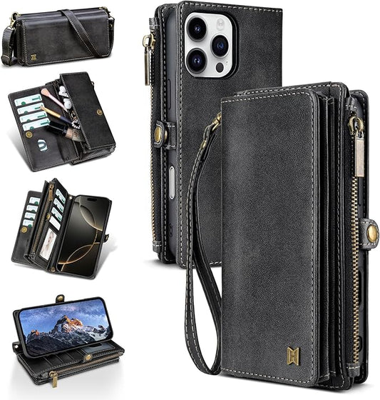 for iPhone 16 Pro Wallet Phone Case with 7 Card Holder,RFID Blocking | PU Leather | Kickstand | Flip | Wrist Strap&Shoulder Strap | Shockproof | Zipper Wallet | Women Men | 6.3" | Black