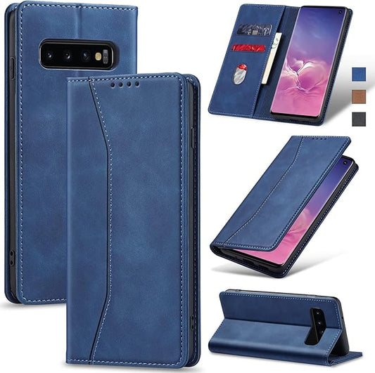Jasonyu Flip Wallet Case for Samsung Galaxy S10,Leather Magnetic Folio Cover with Card Holder,Kickstand - TPU Shockproof Durable Protective Phone Case,Blue