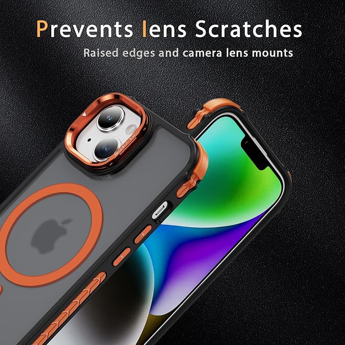 Magnetic for iPhone 15 Plus Case/iPhone 14 Plus Case Orange with MagSafe Wireless Charging Military-Grade Shockproof Protection Adjustable Kickstand Slim Matte Anti-Fingerprint Cover Men Women