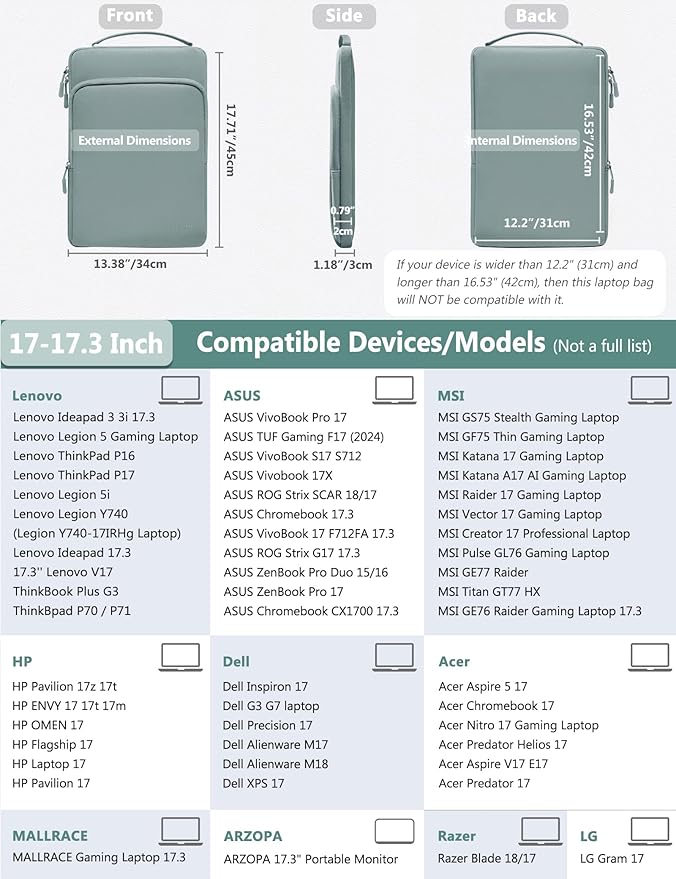 HYZUO 17-17.3 Inch Laptop Bag Case Sleeve for 17" 17.3" HP/Dell/Lenovo/ASUS/Acer/LG/MSI Gaming Laptop/Razer Blade 17/18, Notebook Carrying Briefcase for Men Women, Ash Blue