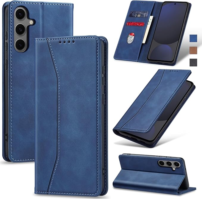Jasonyu Flip Wallet Case for Samsung Galaxy S24 FE,Leather Magnetic Folio Cover with Card Holder,Kickstand - TPU Shockproof Durable Protective Phone Case,Blue