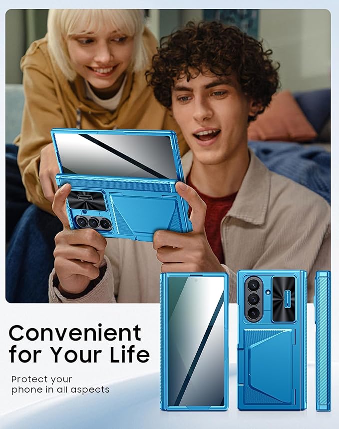 for Samsung Galaxy Z Fold 7 Case with Card Holder RFID Blocking [Privacy Screen Protector ] [Slide Lens Cover] [Hinge Protection] Shockproof Protective Phone Wallet Case for Z Fold 7 (Lake Blue)