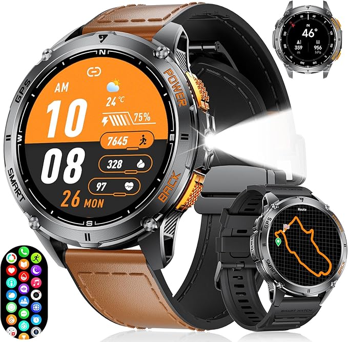GPS Smart Watch for Men with LED Flashlight, 530mAh Extra Large Battery, 1.43'' AMOLED Military Smartwatch Answer/Make Call with Heart Rate SpO2 Sleep Monitor for Android iOS Brown