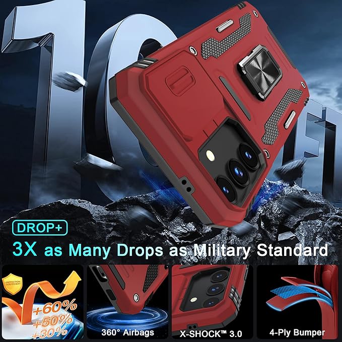 DEERLAMN Case for Samsung Galaxy S24 FE 6.7-Inch with Slide Camera Cover+Screen Protector(1 Pack), Rotated Ring Kickstand Military Grade Shockproof Protective Cover-Red