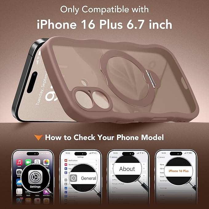 GolbinBox for iPhone 16 Plus Case,[Compatible with Magsafe][360° Spin Magnetic Stand][Military-Grade Protection][Camera Control][Cute Wave Edge] Translucent Matte Women Phone Cover for 16 Plus, Brown