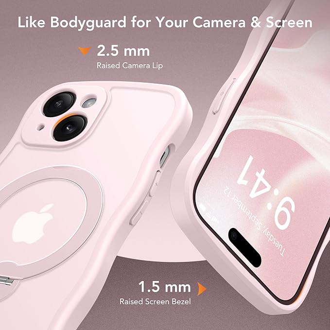 GolbinBox for iPhone 15 Plus Case for Women,[Compatible with Magsafe][360° Spin Magnetic Stand][Cute Wave Edge][Military-Grade Protection] Translucent Matte Phone Case for iPhone 15 Plus, Chalk Pink