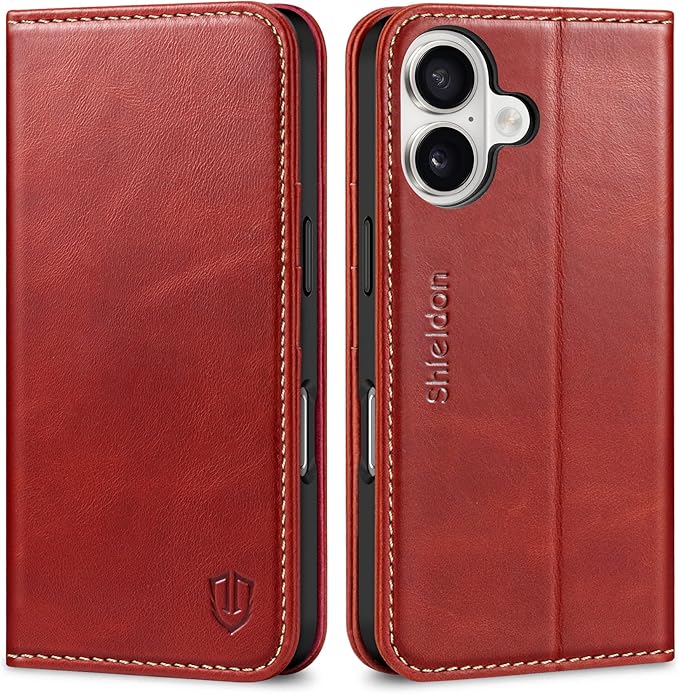 SHIELDON Case for iPhone 16 5G 2024, Genuine Leather Foldable Wallet Case Magnetic Closure Kickstand RFID Blocking Card Holder Shock-Absorbent Phone Cover Compatible with iPhone 16 6.1" - Retro Red