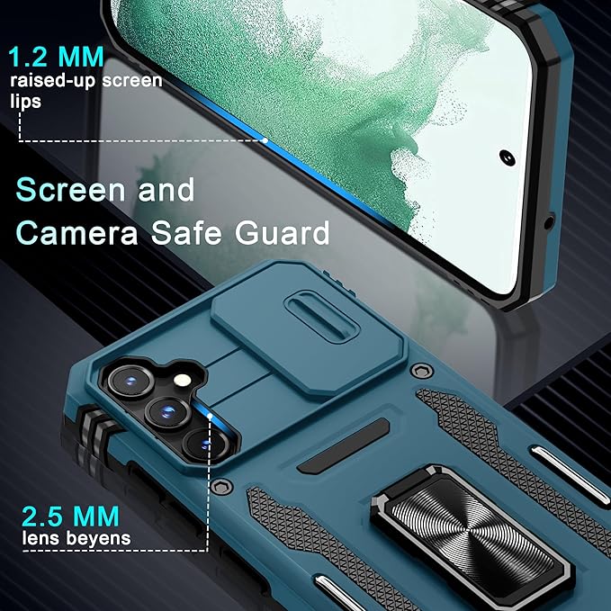 DEERLAMN Case for Samsung Galaxy S23 FE 6.4-Inch with Slide Camera Cover+Screen Protector(1 Pack),Rotated Ring Kickstand Military Grade Shockproof Protective Cover-Light Blue