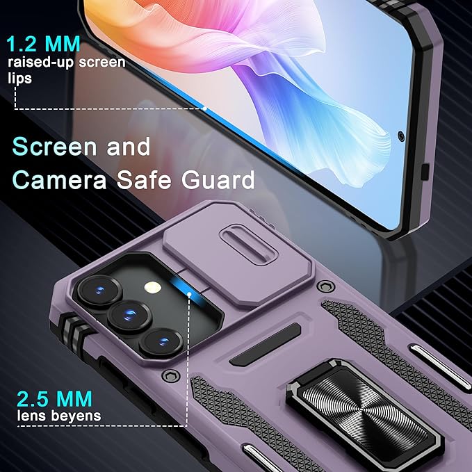 DEERLAMN Case for Samsung Galaxy S25 6.2-Inch with Slide Camera Cover+Screen Protector (1 Pack), Rotated Ring Kickstand Military Grade Shockproof Protective Cover-Deep Purple