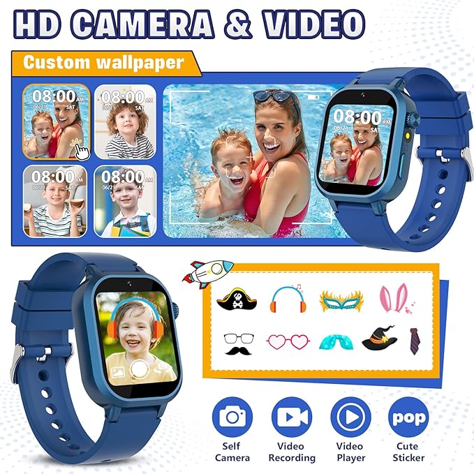 Vakzovy Kids Waterproof Smart Watch Boys Gift Age 4-12, Kids Watch with 39 Games Video Camera Music Player Alarm Clock Pedometer Calculator Habit Tracking Birthday Gift for 6 7 8 9 Year Olds Boys