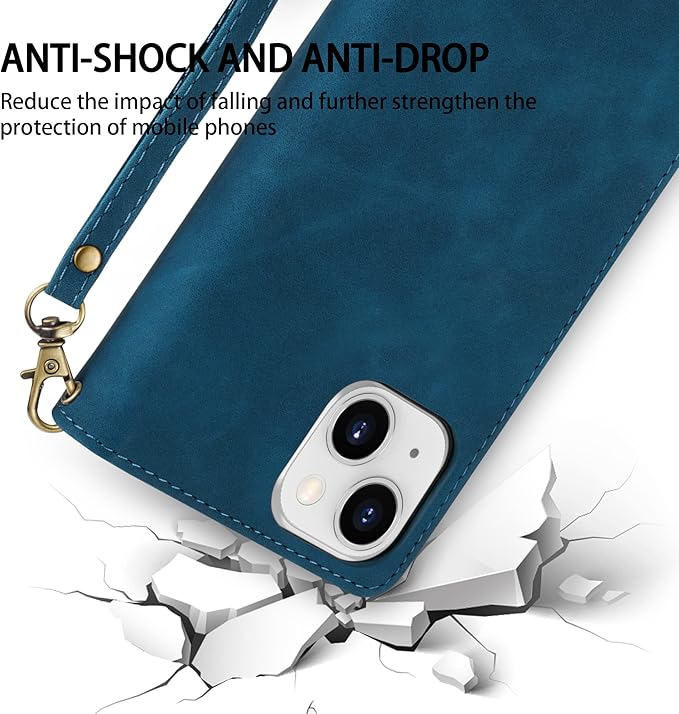 ZZXX for iPhone 14 Case Wallet with [RFID Blocking] Card Slot Premium Soft PU Leather Zipper Flip Folio with Wrist Strap Kickstand Protective Phone Cover for iPhone 14 Wallet Case(Blue-6.1 inch)