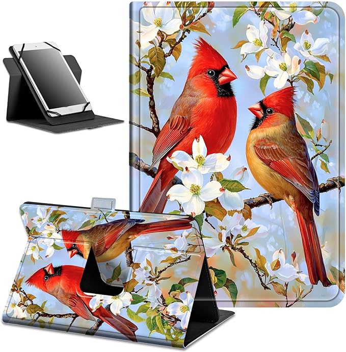 for Lenovo Tab M9 Case,9 inch Tablet Cover, Magnetic Closure Travel Portable Protective Case with 360 Degree Rotating Stand for Lenovo Tab M9 TB-310FU 2023-White Flowers Rred Birds