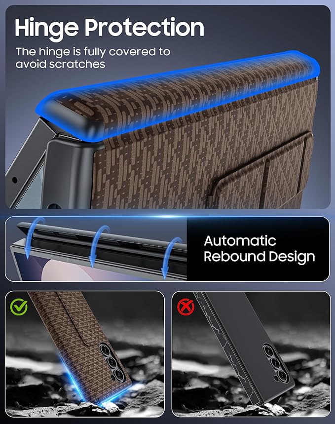 for Samsung Galaxy Z Fold 6 Case with Hand Strap & Kickstand & Hinge Protection, Ultra Slim Skin Feel Pattern Printing Full Body Shockproof Phone Case for Z Fold 6, No Screen Protector (Brown)