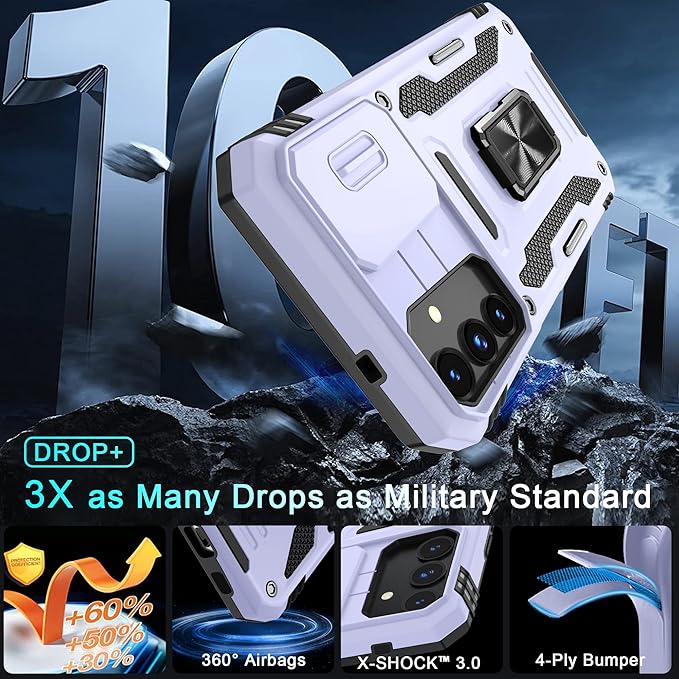 DEERLAMN Case for Samsung Galaxy S24+ Plus with Slide Camera Cover+Screen Protector (1 Pack), Rotated Ring Kickstand Military Grade Shockproof Protective Cover-Light Purple