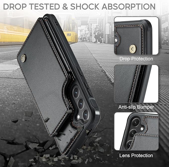 Vinich for Samsung Galaxy S25 Wallet Case with Card Holder, RFID Blocking Credit Slots Kickstand Shockproof Phone Cover for Women Men, Black