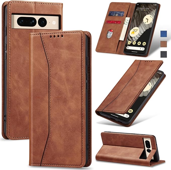 Jasonyu Flip Wallet Case for Google Pixel 7 Pro 5G,Leather Magnetic Folio Cover with Card Holder,Kickstand - TPU Shockproof Durable Protective Phone Case,Brown