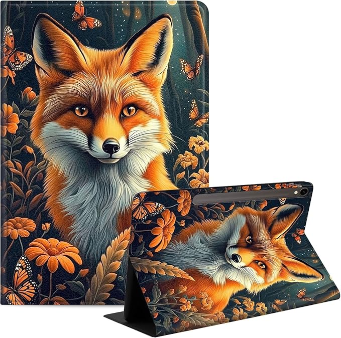 Case for Samsung Galaxy Tab S10 FE/ S9 FE 5G 10.9 Inch/Tab S9 11 Inch, Slim PU Leather Stand Cover with Auto Wake/Sleep, Multi-Angle Viewing & Shockproof, Fox Flowers