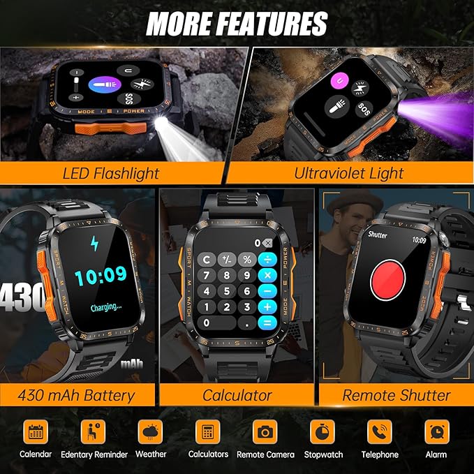 Military Smart Watch for Men with LED Flashlight/UV Light 3ATM Waterproof 1.96" Big Screen Rugged Tactical Smartwatch with Text and Call Fitness Tracker with HR/Sleep Monitor for iPhone Android
