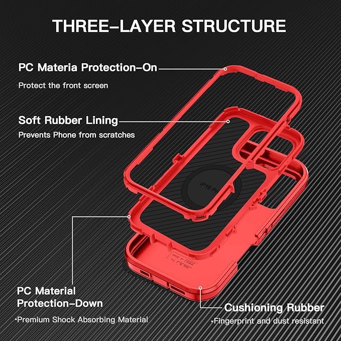 for iPhone 16 Pro Case [Compatible with MagSafe] Shockproof 3-Layer Full Body Protection [Without Screen Protector] Rugged Heavy Duty Cover Case for Apple iPhone 16 Pro 6.3",Red