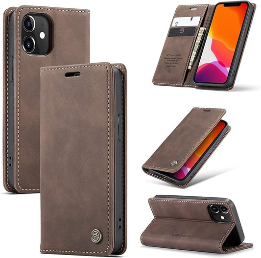 for iPhone 12 Mini Case 5.4", Flip Wallet Leather Case with Card Holder Magnetic Closure Shockproof Kickstand Protective Phone Cases Cover for iPhone 12 Mini,Coffee