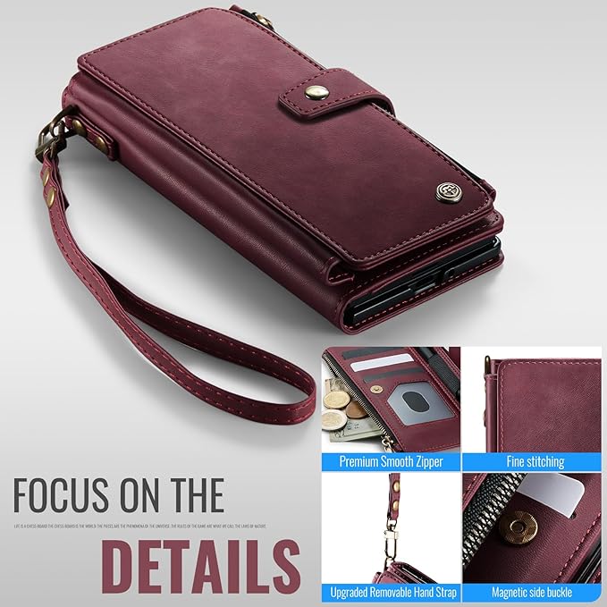 Vinich for Samsung Galaxy Z Fold 7 Wallet Case with Card Holder, Detachable Strap RFID Blocking Credit Slots Kickstand Shockproof Phone Cover for Women Men, Burgundy