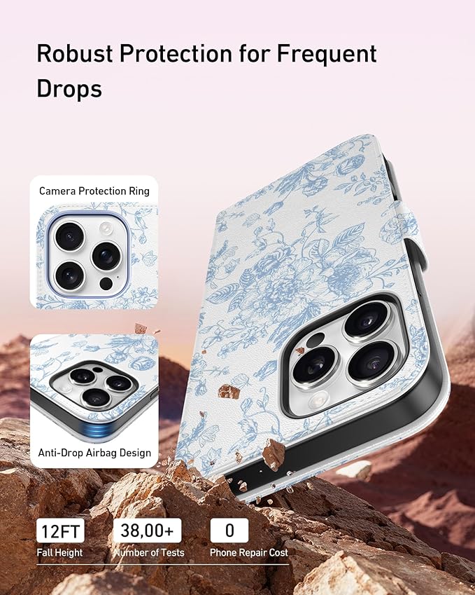 DEENAKIN for iPhone 16 Pro Max Wallet Case with Card Holder + Cash Clip, RFID-Blocking, Military-Grade Drop Protection, Magnetic Closure with Leather Kickstand - Blue Floral Design