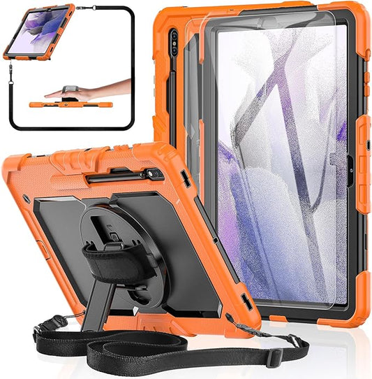 Tablet Case for Samsung Galaxy Tab S8 Plus 2022/S7 FE/S7 Plus 5G 12.4" [with 9H Tempered Glass Screen Protector],Rotating Kickstand/S Pen Holder/Shoulder & Hand Strap (Orange)