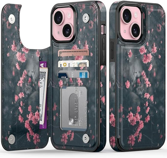 FUNMIKO for iPhone 15 Plus Wallet Case with Card Holder, RFID-Blocking, Military-Grade Protection & UV-Printed Artwork, Magnetic Closure with Leather Kickstand - Mystic Blooming Plum