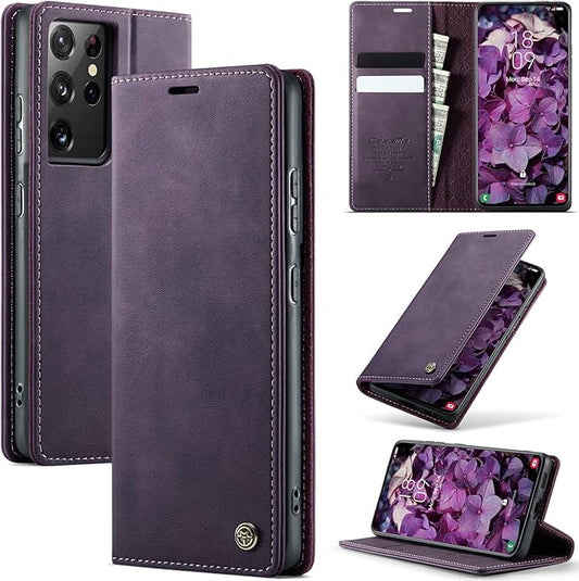 Wallet Case for Samsung Galaxy S21 Ultra Leather Wallet Flip Cover with Card Holder, Kickstand, Magnetic Closure, RFID Blocking TPU Shockproof Phone Case Compatible with S21 Ultra, Purple