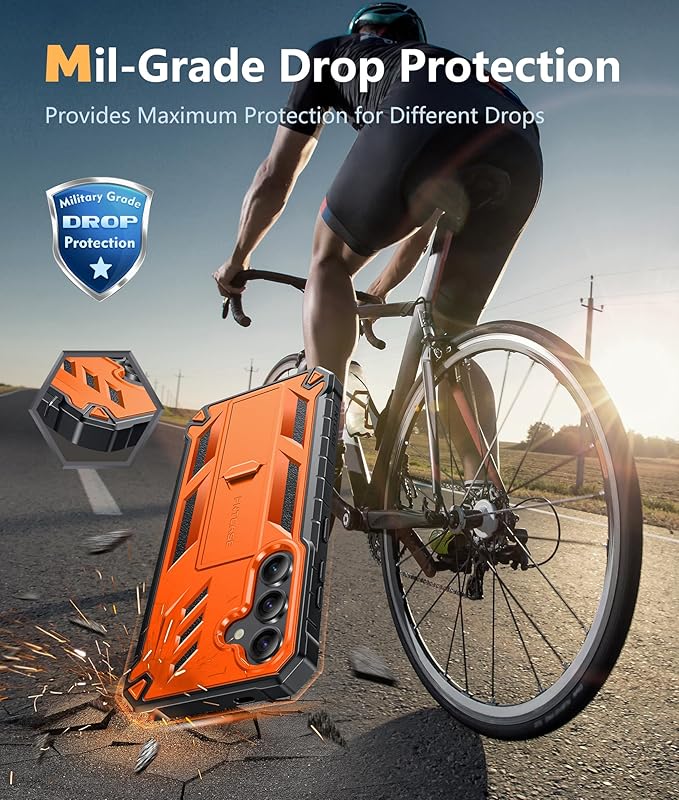 FNTCASE for Samsung Galaxy S24 Case: Military Grade Shockproof Protective Phone Cover with Kickstand | Rugged Full Drop Proof Protection | Dual Layer Matte Textured TPU Cases - 6.2 inches (Orange)