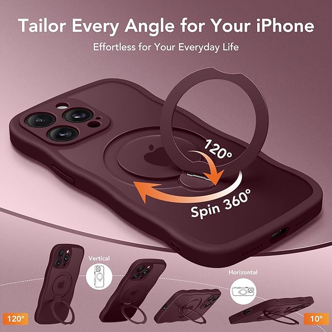 GolbinBox for iPhone 15 Pro Case,[Compatible with Magsafe][360°Magnetic Stand][Cute Wave Edge][18ft Military-Grade Protection] Translucent Matte Phone Women Case for iPhone 15 Pro, Wine Red