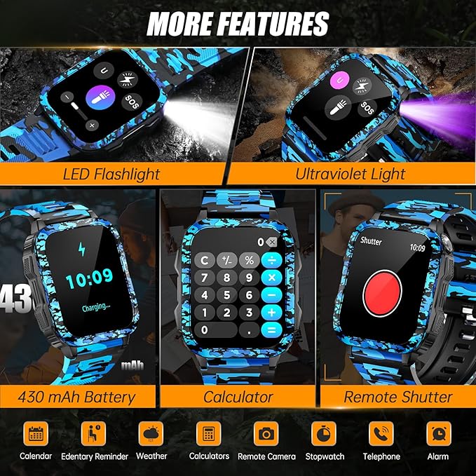 Military Smart Watch for Men with Call/LED Flashlight/UV Light 1.96" Big Screen 3ATM Waterproof Rugged Tactical Smartwatch Fitness Tracker with HR/Sleep Monitor for iPhone Android
