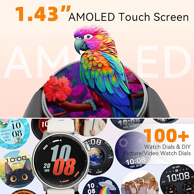 KPEP GPS Running Watches for Men Women, 1.43'' AMOLED/2 Straps/3ATM Waterproof Sports Watch, Compass, Barometer, Altimeter, 24/7 Stress/SpO2/Heart Rate Monitor, Sleep Tracker, Fitness Tracker, Black