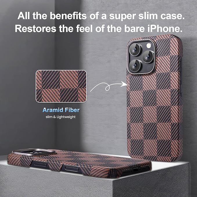 Aramid Fiber Case for iPhone 16 Pro, Compatible with Magnet, Slim & Light, Case-Less Touch Feeling, Checkerboard