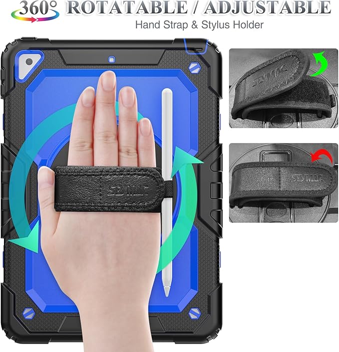 SEYMAC stock Case for iPad Air 3 2019 / Pro 10.5'' with Screen Protector Pen Holder [360° Rotate Hand Strap/Stand], Drop-Proof Case (Blue+Black)