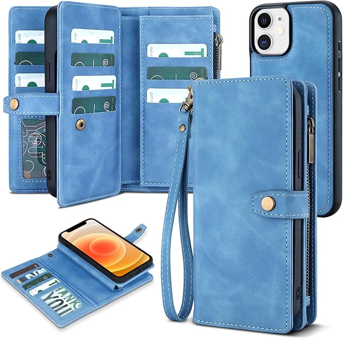 TwoHead for iPhone 12/12 Pro Wallet Case with Card Holder & Detachable Magnetic Phone Case,Leather All-Round Protection Phone Case for Women/Men,6.1IN,Sky Blue