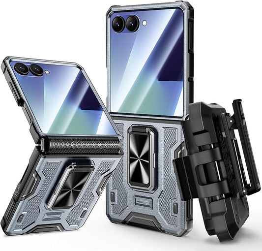 VEGO for Z Flip 7 Case, Samsung Galaxy Flip 7 Case with 360° Rotatable Ring Kickstand & Belt Clip Holster & 9H HD Tempered Glass Camera Screen Protector & Hinge Protection, Shockproof Cover - Grey