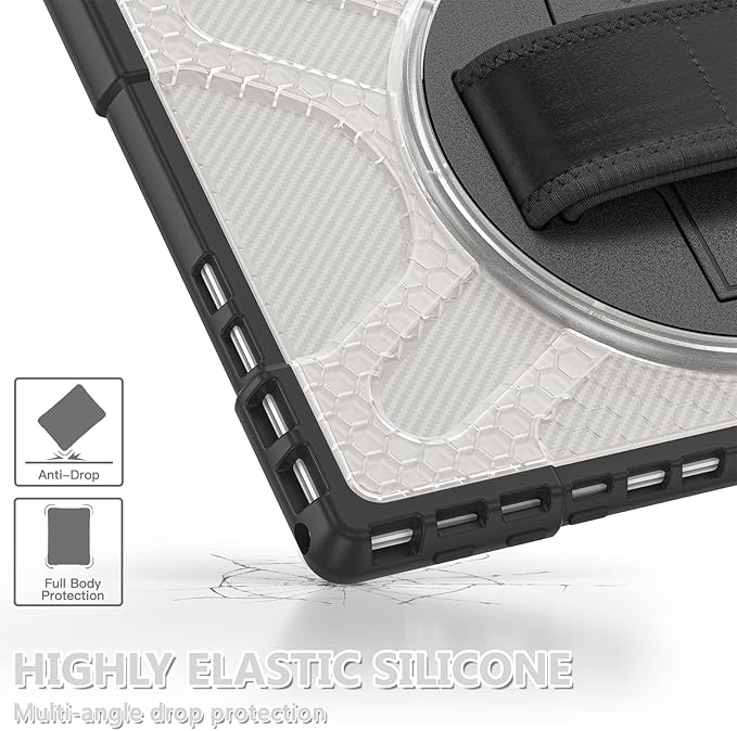 Junfire Protective Case for Microsoft Surface Pro 7 Plus, Surface Pro 7/6/5/4 Shockproof Rugged Case with 360°Rotating Kickstand/Hand Strap/Stylus Holder, Compatible with Type Cover Keyboard,Clear