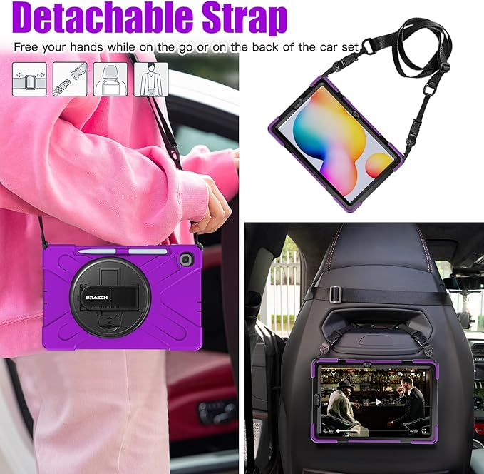 BRAECNstock for Samsung Galaxy Tab S6 Lite Case 10.4 inch 2024/2022/2020 (SM-P620/P610/P619) Shockproof Protective Kids Cover with Rotating Stand & Hand Strap Pen Holder Case for Tab S6 Lite - Purple