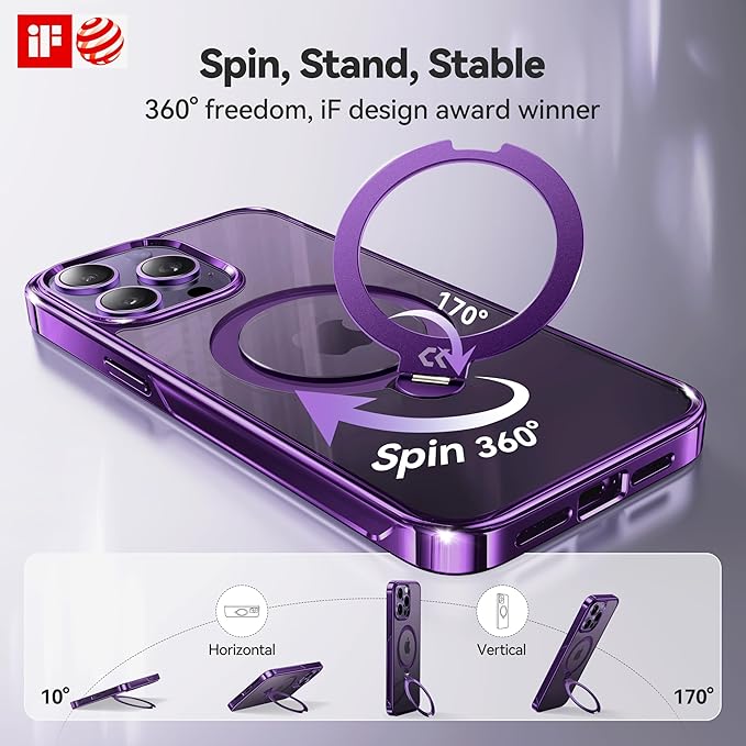 CASEKOO Royal Purple Titanium for iPhone 14 Pro Max Case with 360° Spin Magnetic Stand [Fit for MagSafe][16FT Military Protection] Polished Clear for iPhone 14 ProMax Case Ring 6.7'', Deep Purple