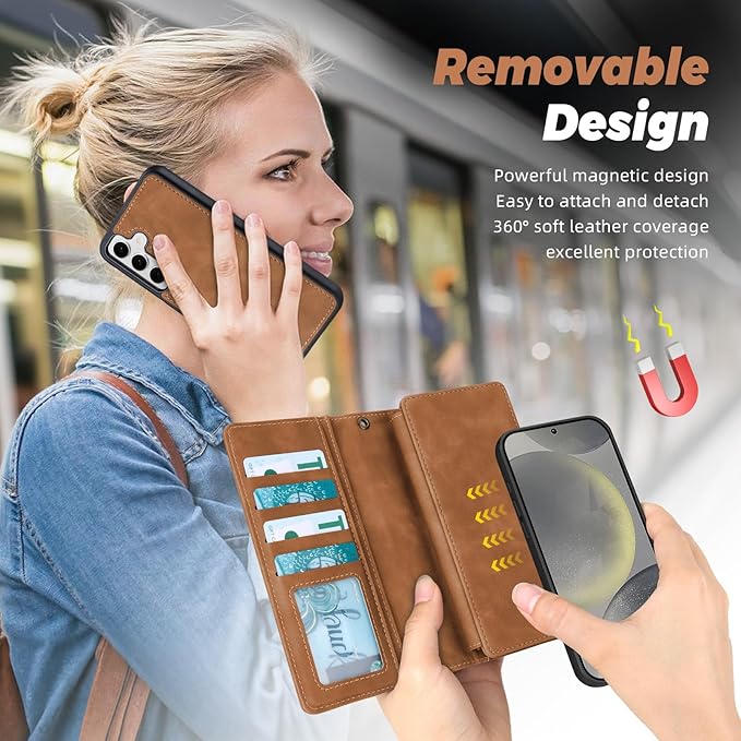TwoHead for Samsung Galaxy S24 Wallet Case with Card Holder,Detachable Magnetic Phone Case for Galaxy S24,PU Leather Shockproof Protective Phone Cover Wallet with Wrist Strap(6.1 in,Brown)
