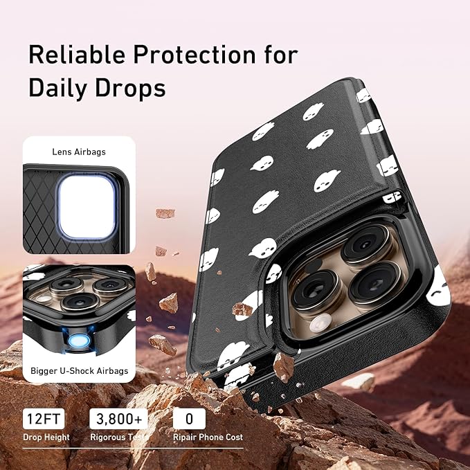 FUNMIKO for iPhone 16 Pro Max Wallet Case with Card Holder, RFID-Blocking, Military-Grade Protection & UV-Printed Artwork, Magnetic Closure with Leather Kickstand - Cute Ghost