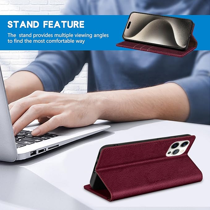 ZZXX for iPhone 15 Pro Max Wallet Case with [RFID Blocking] Card Slot Stand Strong Magnetic Leather Flip Fold Protective Phone Case for iPhone 15 Pro Max Case Wallet(Wine Red-6.7 inch)