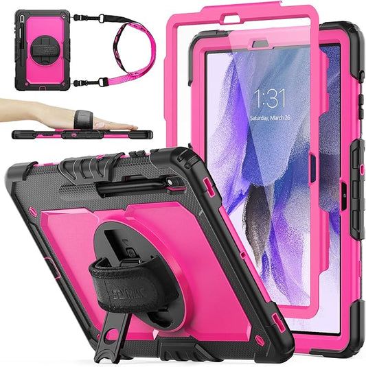 SEYMAC stock Case for Samsung Galaxy Tab S7 FE / S8 Plus 5G Case 12.4'' with Screen Protector Pencil Holder [360 Rotating Hand Strap] &Stand, Drop-Proof, Rose/Black