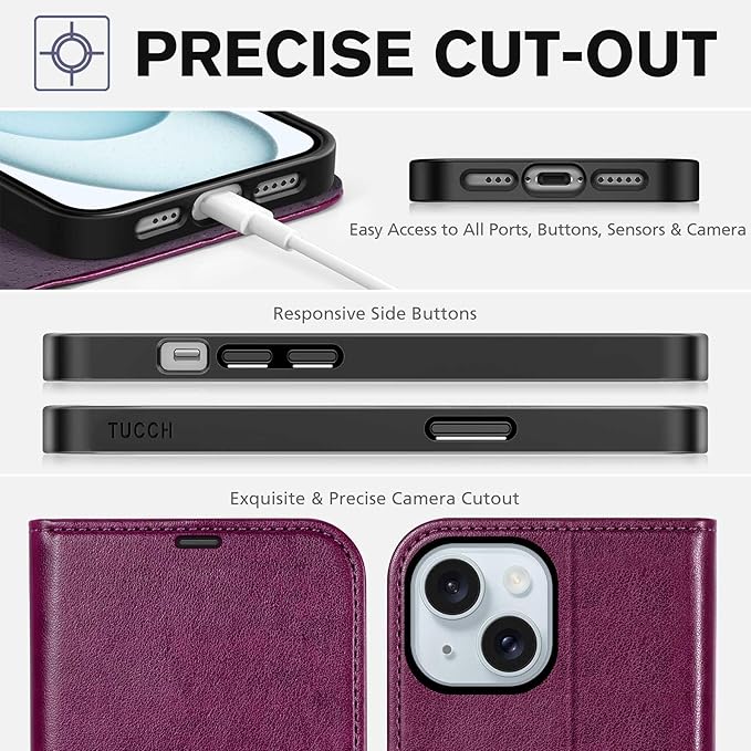 TUCCH Case Wallet for iPhone 15 6.1-inch 5G, [TPU Shockproof Inner Shell] PU Leather [RFID Blocking] 4 Credit Card Holder Magnetic Kickstand Flip Cover Compatible with iPhone 15 6.1" 2023, Plum Purple