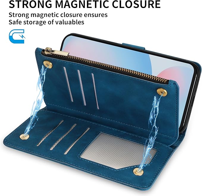 ZZXX for Samsung Galaxy S24 FE Wallet Case with RFID Blocking Card Slot PU Leather Zipper Flip Folio with Strap Kickstand Protective Cover for Samsung Galaxy S24 FE Case Wallet(Blue-6.7 inch)